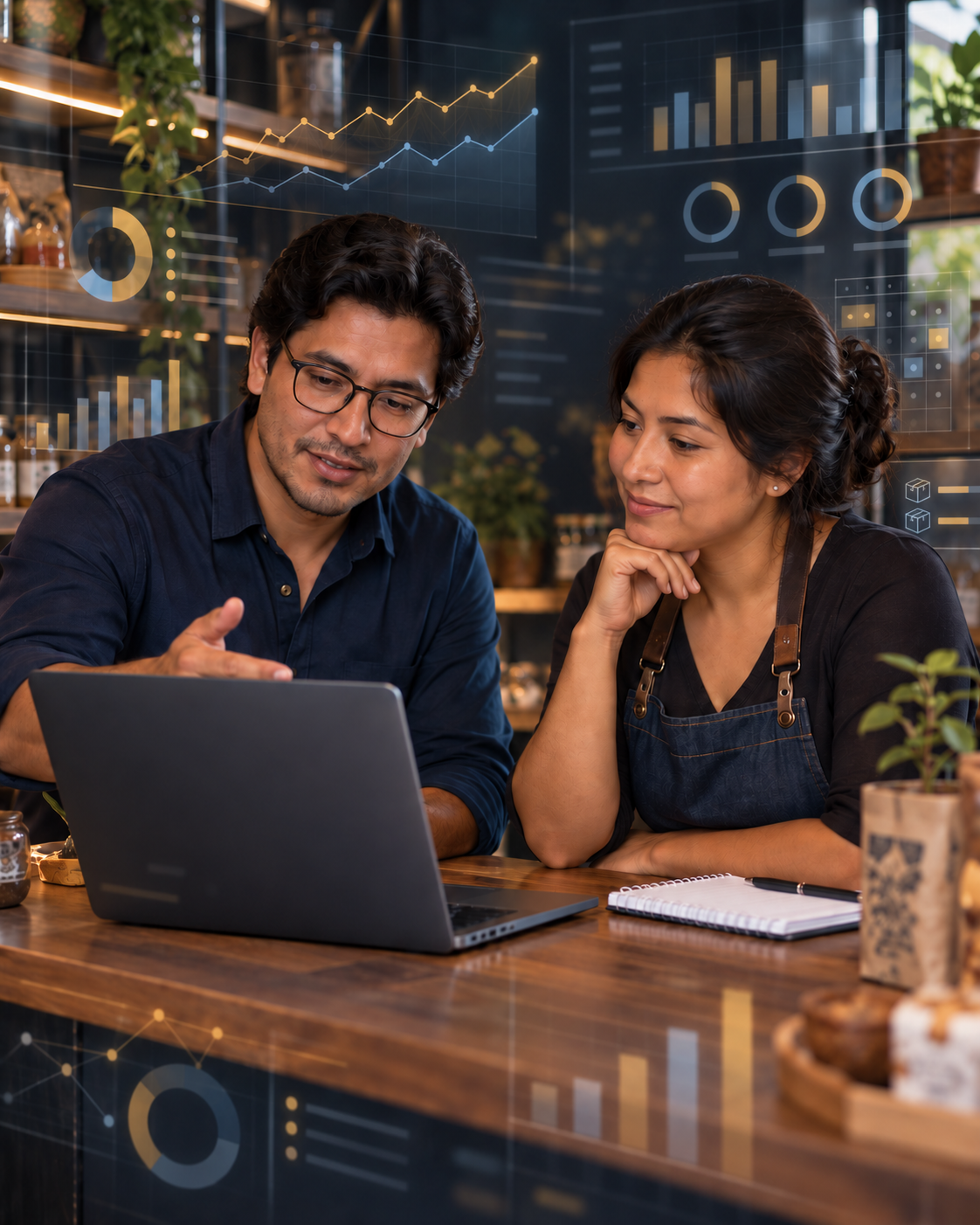 Asesor de 1000TONDEV explicando soluciones digitales con un dashboard empresarial superpuesto